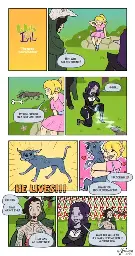 A comic strip about a necromancer. Panel #1: When You're Evil logo with a title "The Good Necromancer" and a yellow background. Panel #2: A little girl is crying. A man in a hood asks "Hey, why are you crying?" Panel #3: The little girl responds, " My dog choked on a bone and died!" (the dog is behind her). Panel #4: The necromancer kneels down and she resurrects the dog. Panel #5: The dog is now undead. "He lives!" the splash text reads. Panel #6: The little girl hugs her pet abomination, and says, "Mr.Scribbles! Thank you Mrs. Necromancer!" Panel #7: The hooded man says, "Hold on. That wasn't evil! That was actually nice!" Panel #8: The necromancer smirks and says, "Wait till you hear her parents' reaction to a zombie dog". The man is shocked, somebody screams in the background. 