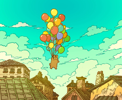A small bunny is lifted by a bunch of colorful balloons over rooftops of a European city, evoking the end of the movie "The Red Balloon"