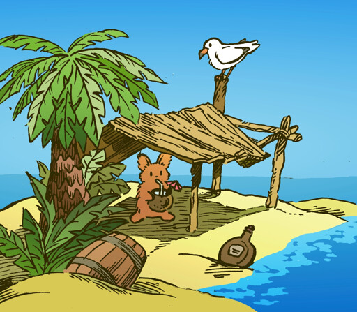 A bunny is stranded on a tiny desert island. But having been there a while, he has built a shelter from the wreckage of his ship and is calmly drinking a pina colada in the shade. A seagull is his only companion.