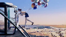 A drawing of Venti from Genshin Impact flying in the air outside a Ferris wheel, pressing up against the glass and sharing a lovely moment with Xiao who is inside that Ferris wheel pod, the flying Venti is holding onto balloons, though it doesn't seem to help Venti float; one of the balloons has a little spirit and a toy version of Xiao inside