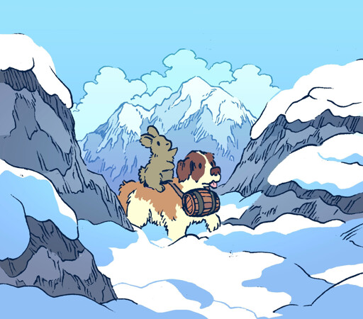 A bunny, riding on the back of a small saint bernard, crosses a snowy mountain pass, boldly pointing the way onward. The dog has a little barrel around his neck.