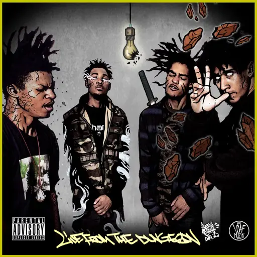 Album cover for "Live from the Dungeon" features four illustrated young men in a gritty, surreal environment. One is grimacing, another has glowing eyes, a third stands with a sword over his shoulder, and the fourth throws up hand signs while surrounded by floating debris. A cracked lightbulb hangs overhead, emphasizing the raw, underground feel.