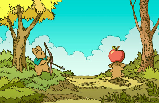A bunny shoots an apple off another bunny's head, like the story of William Tell. The bunny has a bow and arrow, and they are in the middle of a clearing in the woods. The apple on the other bunny's head is VERY large compared to the small bunny, almost as large as the bunny itself, which must make the shot significantly easier to hit