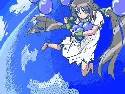 a digital drawing of a girl Meguru Hayasaka floating high in the sky with several blue party balloons; she has some balloons clutched against her body with one arm; the other balloons' strings are tethered to the girl's wrists, ankles, and hair, evenly distributed so the girl is fairly relaxed up there; she's high enough in the stratosphere that the ground appears white and we can see the curvature of the Earth