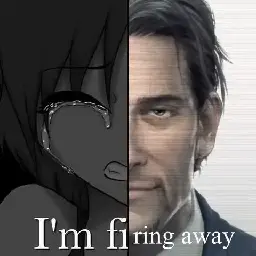 (drawing of crying person on left) I'm fi (picture of Captain Mattias Torres on the right) ring away