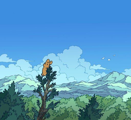 A bunny has climbed a tall, scraggly tree, and looks out across the treetops. The edge of the forest and the mountains beyond are visible, and there are a few clouds in the sky.