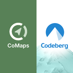 On the left side on an olive green background is the CoMaps logo. On the right, the Codeberg logo with a mountain peak behind the logo.