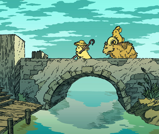 A bunny goatherd with a crook walks across a stone bridge. A big shaggy goat walks behind him, and a small bunny riding on top. It is a cloudy day.