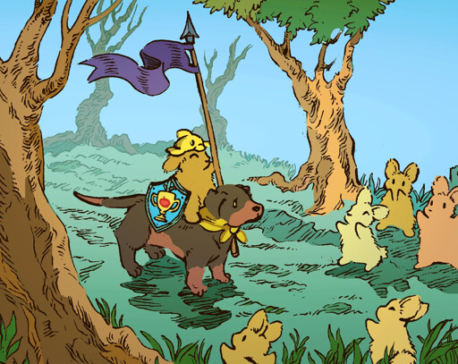 A bunny is riding on a wiener dog, with a golden helm, shield and a flag for a banner. Their shield has a trophy with a tomato on it. Other bunnies rush out to greet her, and she has a triumphant look on her face