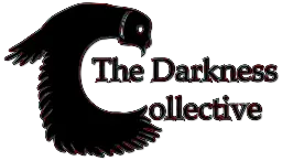 Text "The Darkness Collective" black fill with red & blue blotchy outline. The capital "C" in Collective is combined with the silhouette of an owl flapping its wings downward.