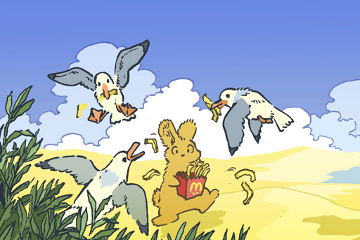 A bunny walks on a wide sandbar near the sea, with a box of french fries for himself. Three seagulls descend from the air and the bushes, gobbling up all the fries