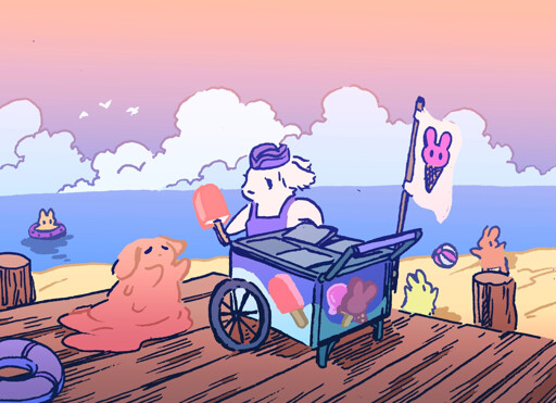 A bunny ice cream man is on a boardwalk near a beach, selling popsicles and other snacks from a little ice cream cart. Another bunny, who takes a creamsicle from him, is literally melting into a puddle from the summer heat!