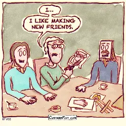 An old lady is cutting pieces of cardboard, sitting next to flat, cardboard cut-outs of people. With a tear in her eye, she says: “I LIKE MAKING FRIENDS.”