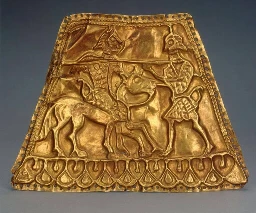 Scythian gold sheet with a cavalryman and a warrior on foot in combat, found in modern-day Ukraine, dated ~5th-3rd century BCE