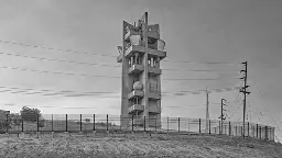 A heavy-duty Brutalist-style concrete tower, with multiple levels of platforms supporting various microwave antennas, including "horn" antennas, on a hilltop behind a fence.