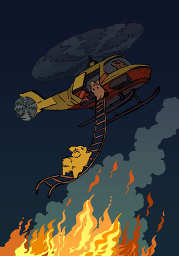 A bunny in a rescue helicopter saves another bunny from a fire, throwing him a rope ladder to climb up! The flames below lick at the escaping bunny's tail.