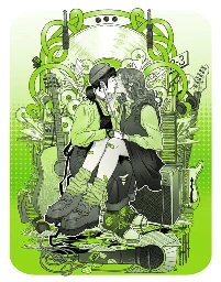Two girls sharing a gentle kiss surrounded by audio equipment, guitars,cds, albums, and paper