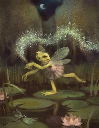 Frog in a tutu with wings and a sparkling wand in a pond with waterlilies in the moonlight.