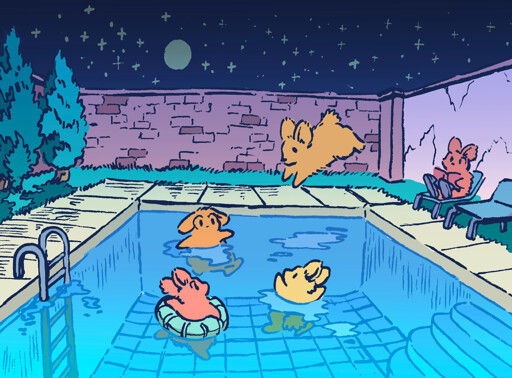 A bunny hops (actually a swan dive) into a pond occupied by three unsuspecting other bunnies. They are in a lit up outdoor pool in a large backyard at night, having a small party.