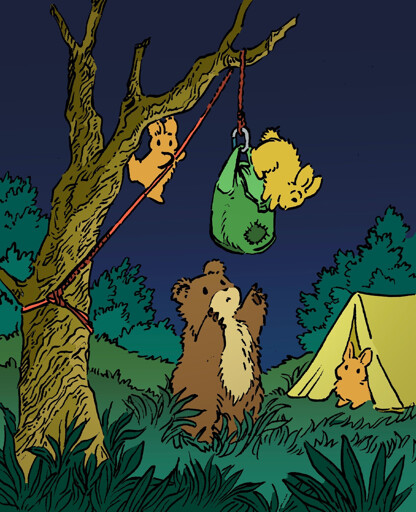 Bunnies at a campsite are accosted by a bear, out to get their food. The bear reaches for a 'bear bag', which the bunnies have hung from a dead tree. Two of the bunnies are up a tree with the bag, perhaps protecting it. A third bunny watches the action from a tent.