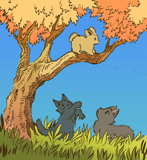 A bunny is perched on the branch of a gnarled tree, looking down at two cats at the foot of the tree. The two cats look back up, and one of them rears up menacingly at the bunny!