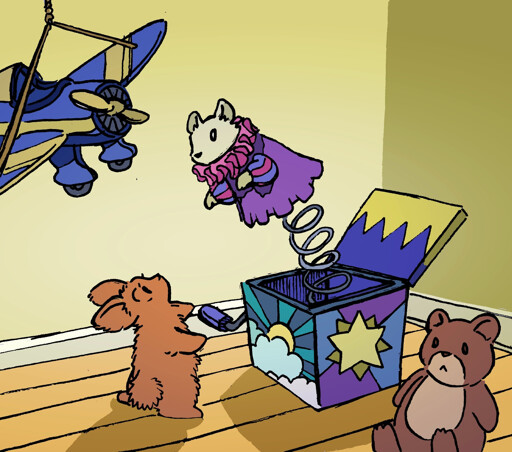 A bunny is shocked as a sinister-looking white weasel emerges from a Jack-in-the-Box. The weasel is probably not real, but has a sinister expression. The Jack-in-the-box is in a living room next to a couple other toys.