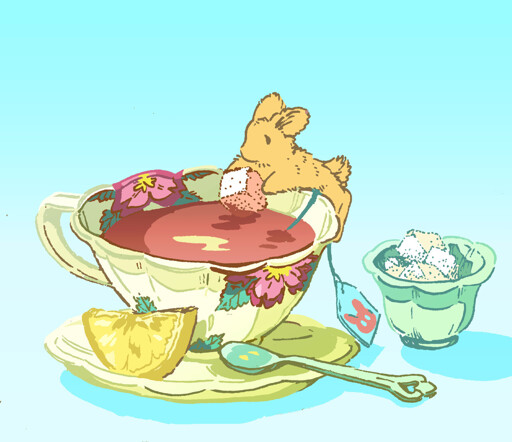 A bunny dips a sugar cube gently into a teacup, sugaring the tea. The cup is decorated with fa flower pattern, and there is a slice of lemon and little spoon next to it.