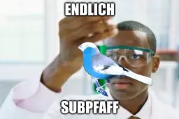 Meme von dem Forscher, der eine Ampulle mit grüner Flüssigkeit enthält. Darüber ist ein farbinvertierer Vogel zu sehen und der Meme-Text "Endlich, Subpfaff".