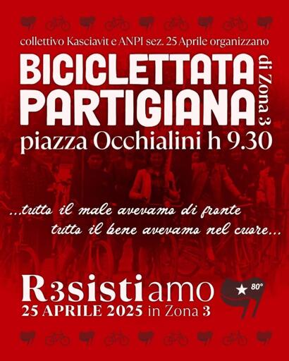 Volantino dell'evento, sullo sfondo una foto di alcune persone con tonalità rosso scuro.
In sovraimpressione le informazioni come nel toot, oltre alle scritte:
"Tutto il male avevamo do fronte, tutto il bene avevamo nel cuore"
"R3sistiamo"