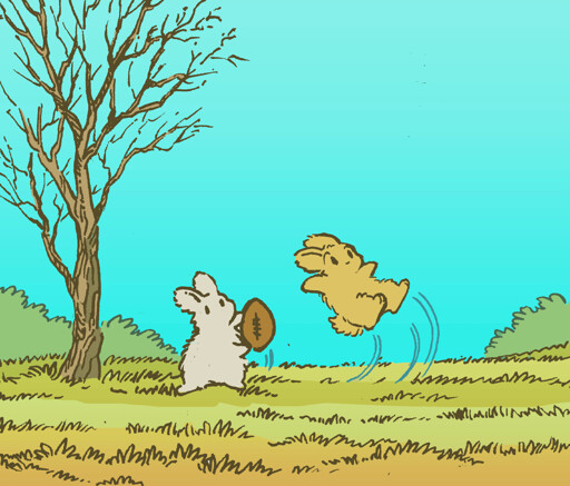 A bunny attempts to punt a football, but a second bunny pulls it away at the last second, like Lucy and Charlie Brown. It is an open field in autumn. The bunny that made the kick flips up in the air, surprised