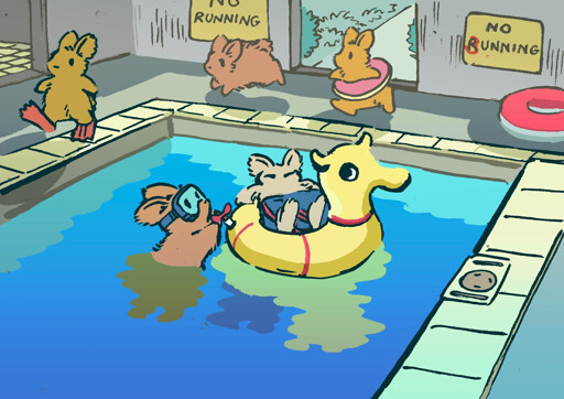 At a little public pool, a bunny secretly lets the air out of another bunny's pool float, as the other bunny relaxes on top. The pool float is shaped like a weird seahorse, and other younger bunnies are playing around the poolside