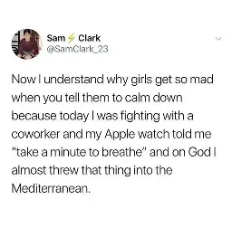 Now I understand why girls get so mad when you tell them to calm down because today I was fighting with a coworker and my Apple watch told me “take a minute to breathe” and on God I almost threw that thing into the Mediterranean.