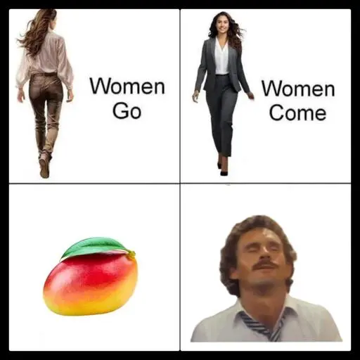 meme image with 4 panels, top panels start with left one reading caption "women go" and right panel saying "women come". Bottom panels left start with picture of actual mango fruit and right panel shows a man making a funny face
