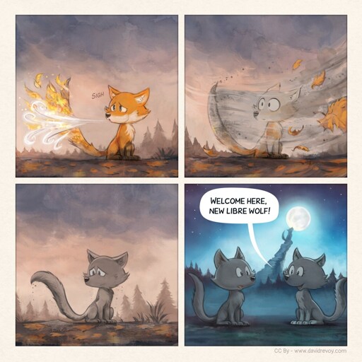 A comic strip in four panels:

Pane 1. A small, exhausted Firefox is depicted with a loud sigh, blowing out the flames on its tail and extinguishing it.

Panel 2. A strong wind causes the ashes to cover the little fox.

Panel 3.  The little fox, now completely gray and ashen, looks on with regret and disappointment, mourning the loss of its former self.

Panel 4. In the evening, under the light of a full moon, the gray fox meets a wise and welcoming wolf, who greets it with the words "Welcome here, new libre wolf!" A wolf howls at the moon in the distance, a reference to the LibreWolf logo."
