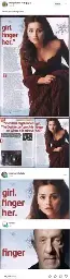 A tumblr post by maryoliveoil on June 6th saying "This is so fucking funny".   Attached to the post is a picture of a page on a magazine. It says "girl. finger her.". It has a picture of a woman from some movie/tv show.   The second image shows the page, and the page before it that has the rest of the headline. It says "She's this mysterious girl. The doctor can't put his finger on what it is about her.".    It has a reblog by rosemaryslullany with a cropped version of the first image, just containing the words "girl. finger her." and the picture of the woman's face.    There is a final reblog by foone which just has the word "finger" and a picture of Mike Ehrmantraut in the place of the original person.