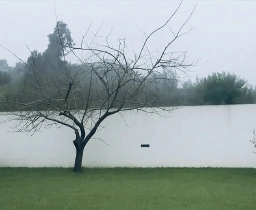 Winter tree in the foreground on green grass with a flooded river in the background.