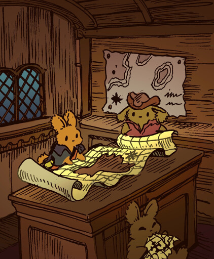 Two bunnies on a sailing ship look at an unfurled treasure map, but a piece from the middle is missing! The missing piece, with the 'x' marked on it, is being eaten by a third bunny, unseen, in a corner of the ship: He is a stowaway