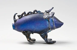 A little blue pig made of glass.