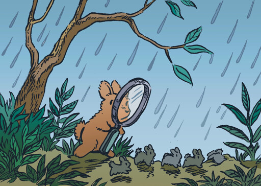 A bunny with a magnifying glass peers at a line of much smaller gray ants, who are rushing into an anthill (a bunny hill) to escape from the rain that has just started. 