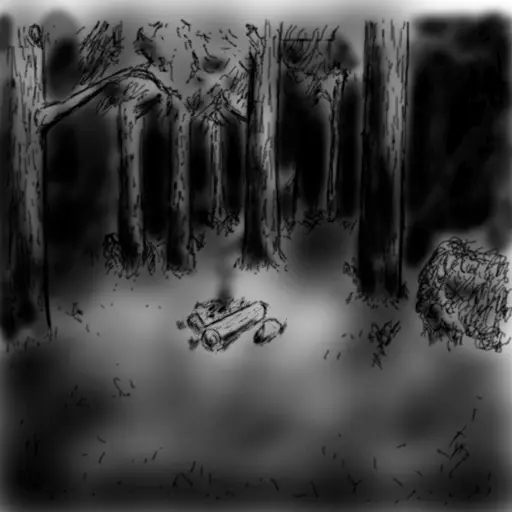 night forest illustration. a still smoldering fire circle is in a clearing