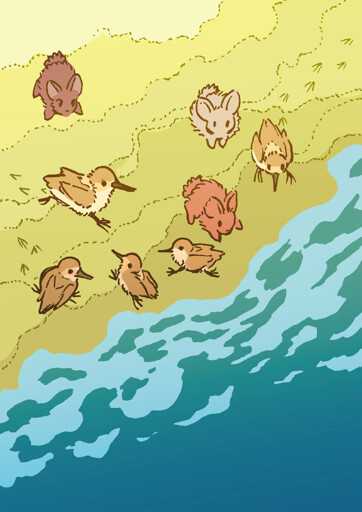 Some bunnies join a group of sandpipers, running back and forth near the waves on a sandy beach. Some of them are inching towards an outgoing wave, while others scurry away. It is a pleasant day by the seashore