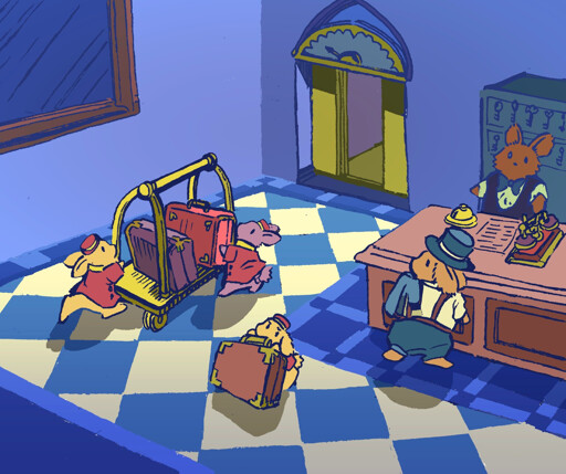 A group of bunnies work together to move multiple heavy suitcases, in luxurious a hotel lobby. The owner of the luggage is an affluent self-made bunny in a top-hat, who is talking to the receptionist. The bunny bellboys push the luggage on a cart, towards the elevator. The decor is gold and blue.