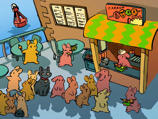 A long line of bunnies wait to get street food at a little stall called "Carrot Styx", which served grilled veggie skewers. One bunny is attempting to cut the line, and there is also a cat waiting. Most of the bunnies wait patiently, and a lucky few are standing around enjoying their skewers.
