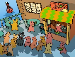 A long line of bunnies wait to get street food at a little stall called "Carrot Styx", which served grilled veggie skewers. One bunny is attempting to cut the line, and there is also a cat waiting. Most of the bunnies wait patiently, and a lucky few are standing around enjoying their skewers.