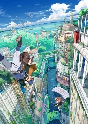 High above a Venice-style canal, a mail carrier is swinging around like Spider-Man delivering letters. Below them, there's someone gliding with a parachute with the 〒 postal service mark on it. That might be another letter carrier.