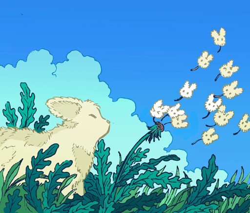 A floofy white bunny blows on a bunch of dandelion seeds, which blow away in the wind. It is a crisp summer day. The dandelion seeds are also very small bunnies, like puffballs with ears
