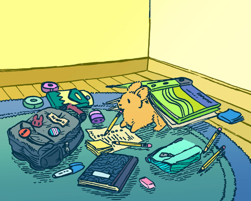 A bunny next to a large backpack gathers school supplies, including a pencil, pencil case and marker, which are all strewn about the floor. The bunny has a 3-ring binder over it's back like a blanket, and the backpack is adorned with pins. The bunny checks off items on their school supplies list.