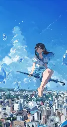 a blue illustration of a girl in a sailor uniform sitting on the side of folded-up umbrella in the sky above a city, appearing to fly with it like it's a magic broom; around her, there are transparent water droplets shaped like fish appearing to swim along with her