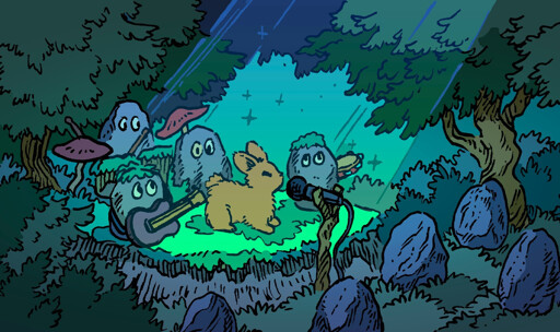 A bunny sings in the middle of a clearing in the woods, accompanied by several sentient rocks. The bunny has a microphone on a stick. The rocks have rock intruments too, and are giving a concert for several other small boulders. However, the audience rocks don't appear to be sentient.