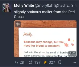 A post by a user named molly who writes "slightly ominous mailer from the Red Cross" with an attached image of a mailer that reads: "Molly, Seasons may change, but the need for blood is constant".